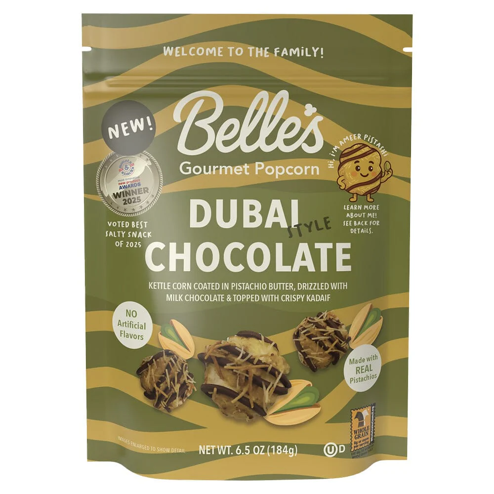 Belle's Gourmet Dubai Chocolate Style Popcorn 184g (6.5 oz)
