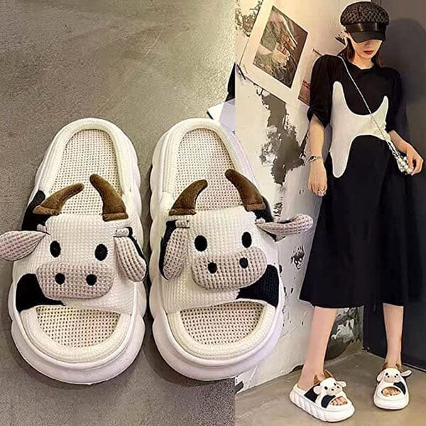 Cow Shhhandals Slippers | Unisex Linen Waffle Knit Plush Animal Slides | Multiple Sizes - Image 4