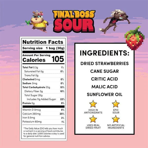 Final Boss Sour Dried Berry Candy 30g (1.06oz) Level 1 Strawberries - Image 6