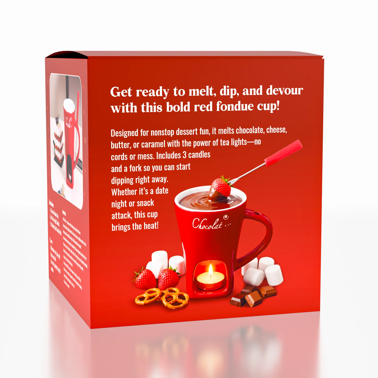 Fonduie Ceramic Mug For Chocolate & Cheese Fondue (Includes Fork & 3 Candles) - Image 2