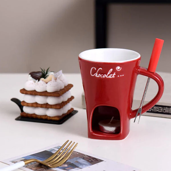 Fonduie Ceramic Mug For Chocolate & Cheese Fondue (Includes Fork & 3 Candles) - Image 4