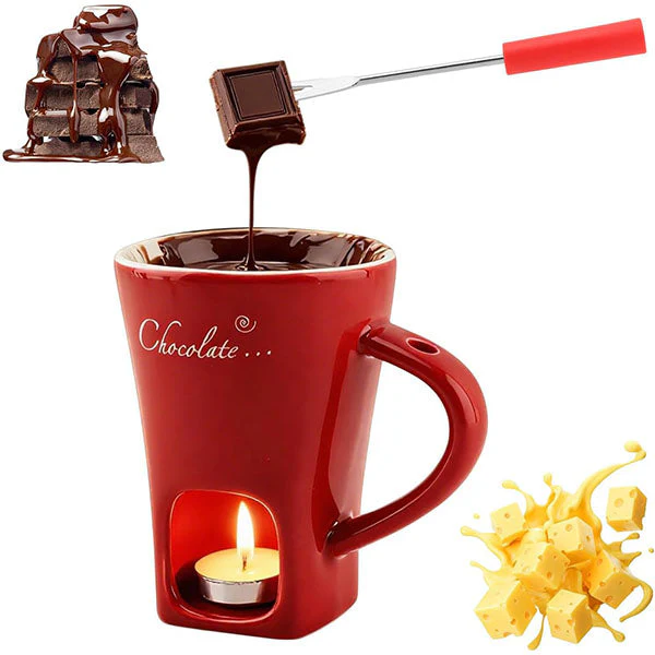 Fonduie Ceramic Mug For Chocolate & Cheese Fondue (Includes Fork & 3 Candles) - Image 5