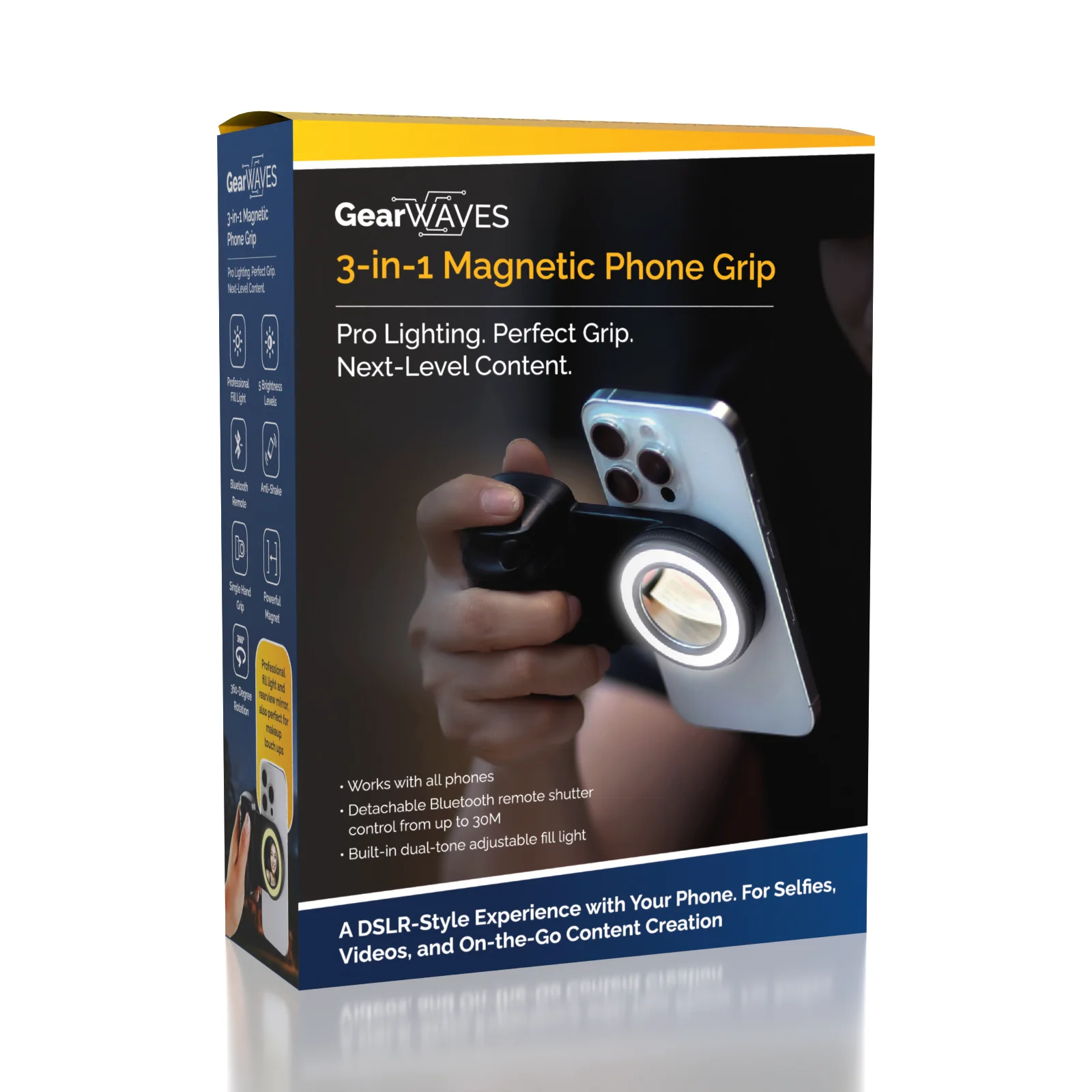 GearWaves 3-in-1 Magnetic Phone Grip & Mini Ring Light (Includes Remote)
