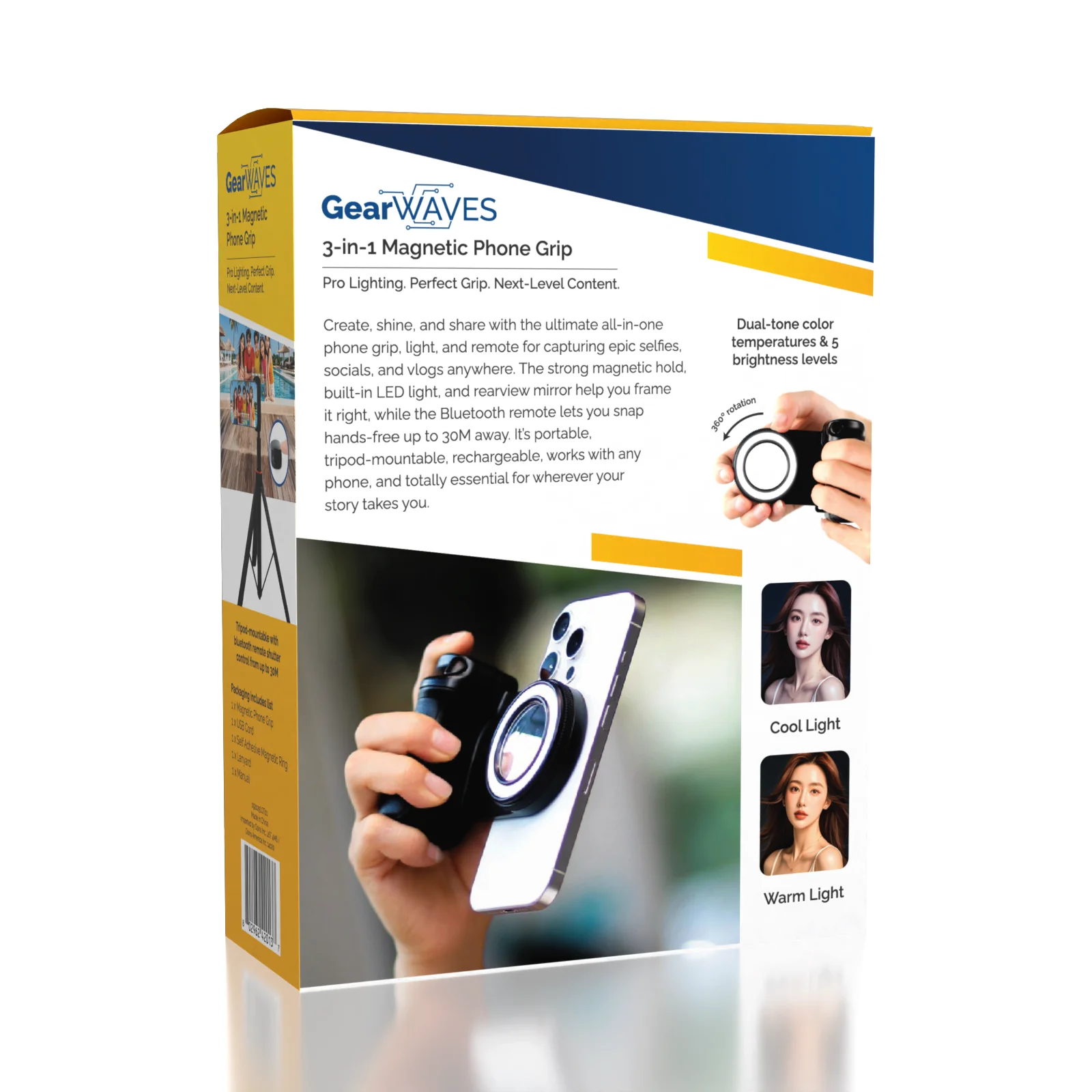 GearWaves 3-in-1 Magnetic Phone Grip & Mini Ring Light (Includes Remote) - Image 2