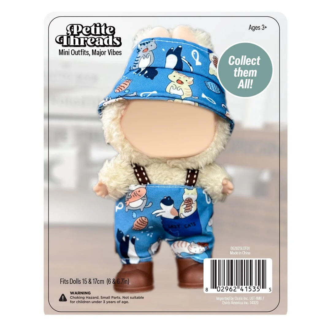 Outfit: Blue Cat Print Overalls & Hat for Dolls - Petite Threads - Image 2