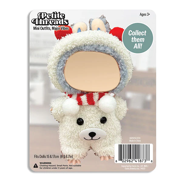 Outfit: Plush Polar Bear Onesie w/ Matching Headband & Scarf for Dolls - Petite Threads - Image 2
