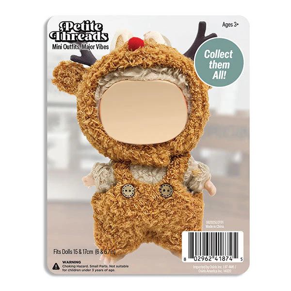 Outfit: Plush Reindeer Overalls & Matching Hat for Dolls - Petite Threads - Image 2