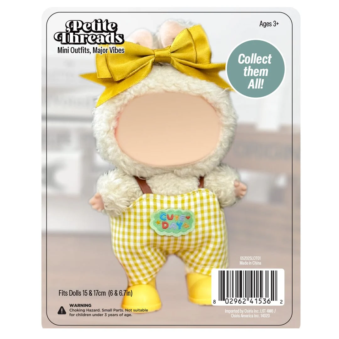 Outfit: Yellow Gingham Print Overalls & Bow for Dolls - Petite Threads - Image 2