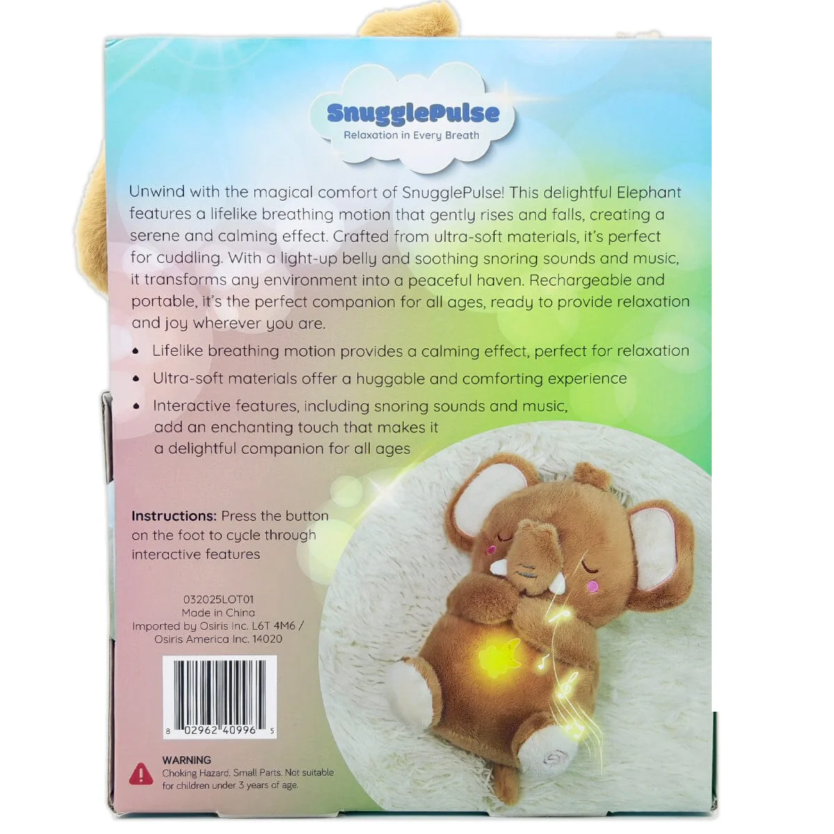 SnugglePulse: Peanut The Elephant 10" Breathing Sensory Plush Toy - Image 2