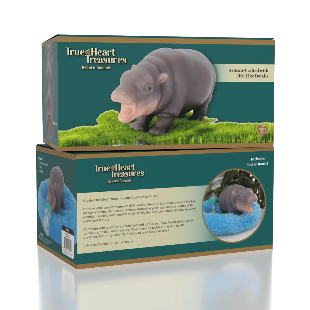 TrueHeart Treasures Silicone Reborn Animals: Mini Hippo Newborn Baby (Includes Bed & Bottle)